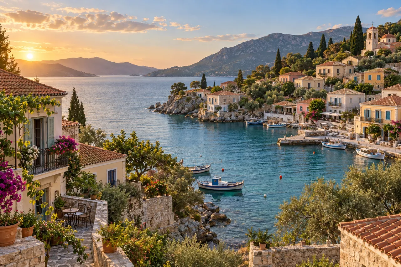 Original JPG photo of a hillside village above a turquoise bay