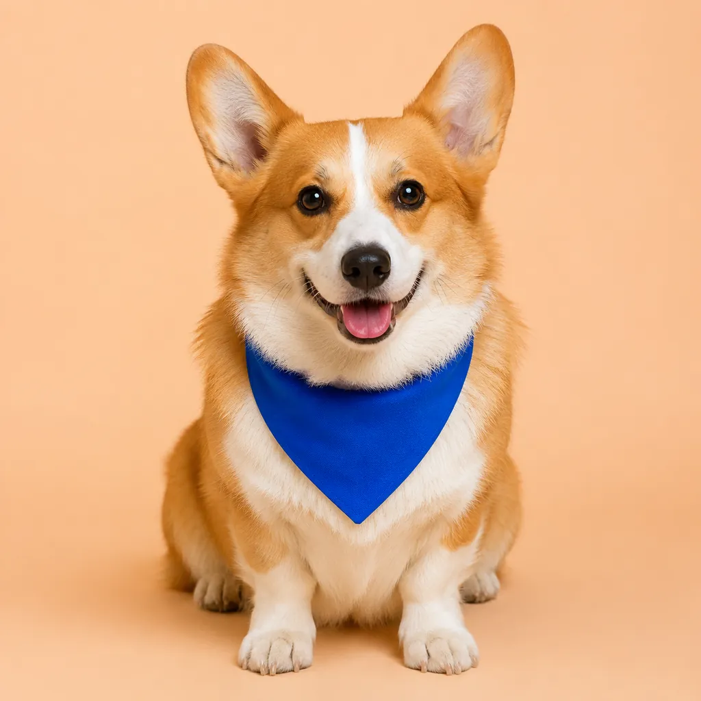 Photo of a corgi wearing a blue bandana