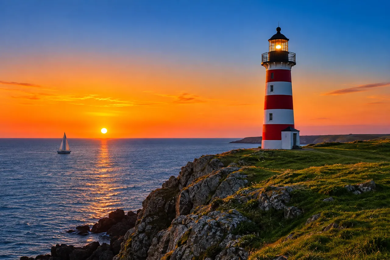 Photo of a red and white lighthouse on a cliff at sunset